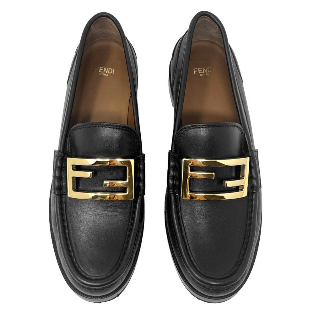Fendi Black Leather Loafers FF Logo Gold Hardware Flats 39